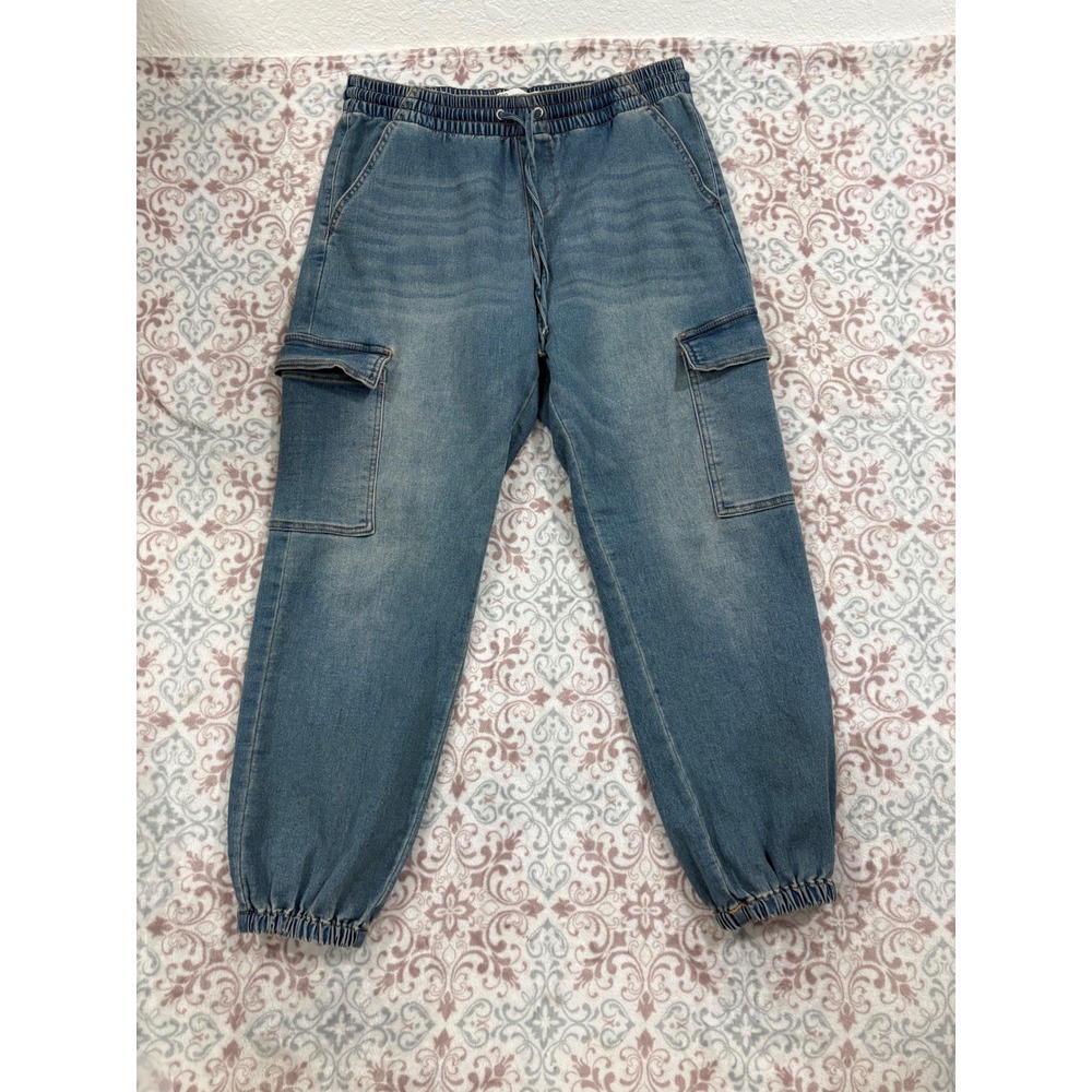 No Boundaries Denim Cargo Joggers Medium Wash Blue Elastic Waist Mens Medium